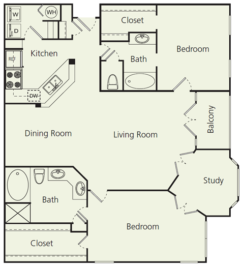 Floor plan for 2 beds, 2 baths, 1353 sqft
